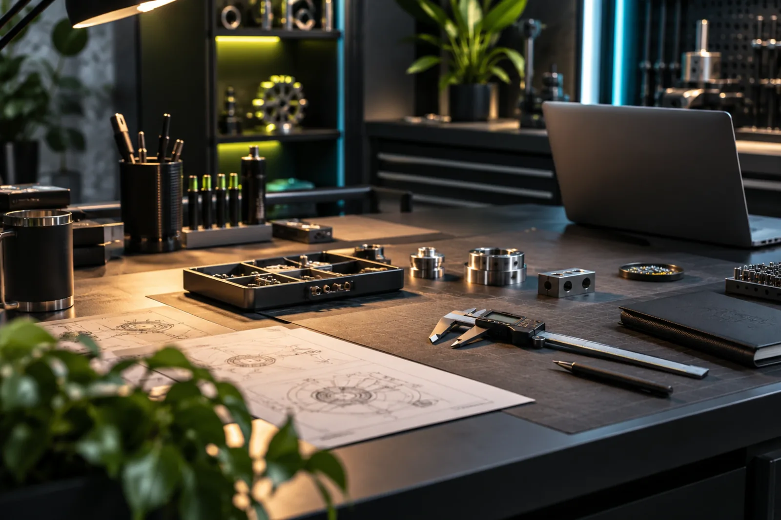 Arbeitstisch mit Metallbauteilen, Messschieber, technischen Zeichnungen und Laptop