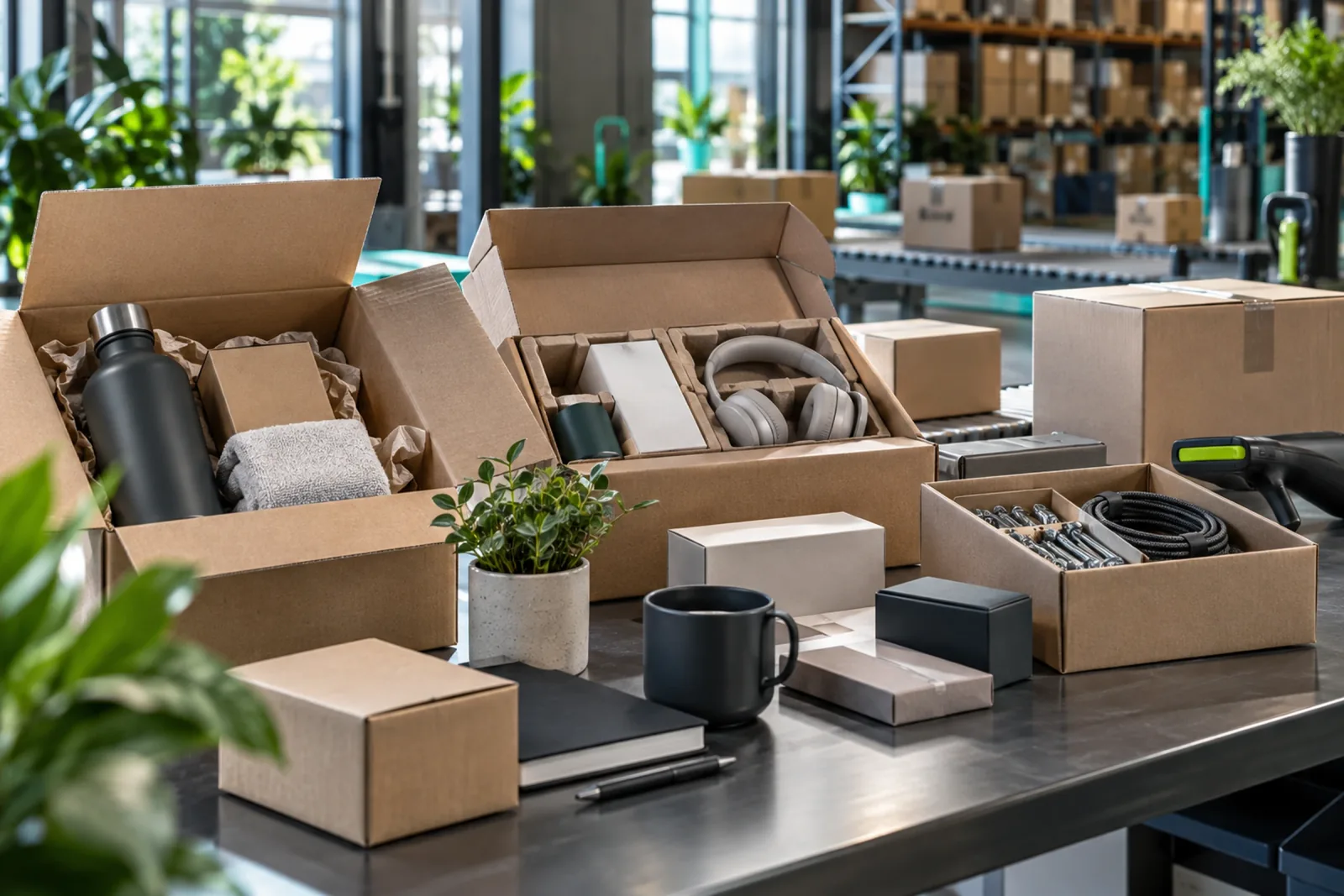 Geöffnete Versandkartons mit Produktmustern auf einem Metalltisch