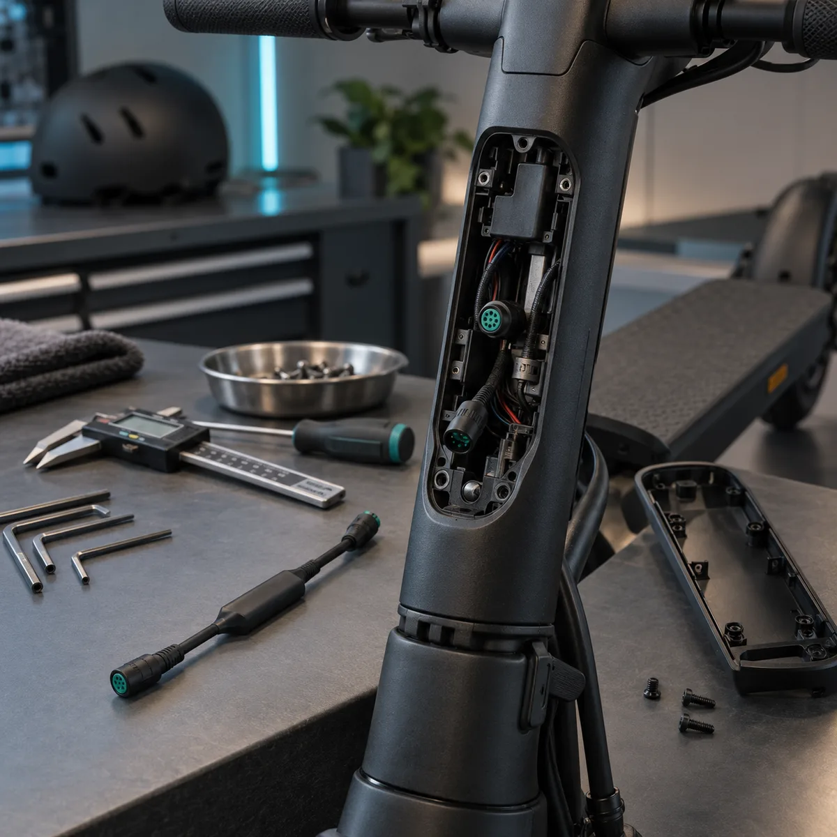 Zerlegte Lenkerklemme eines E-Scooters mit sichtbarem Bruch, daneben Messschieber, Multimeter und Werkzeug