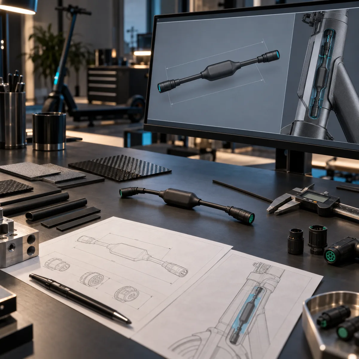 Bildschirm mit CAD-Modell der Klemme, davor Musterteil, technische Zeichnung und Materialproben