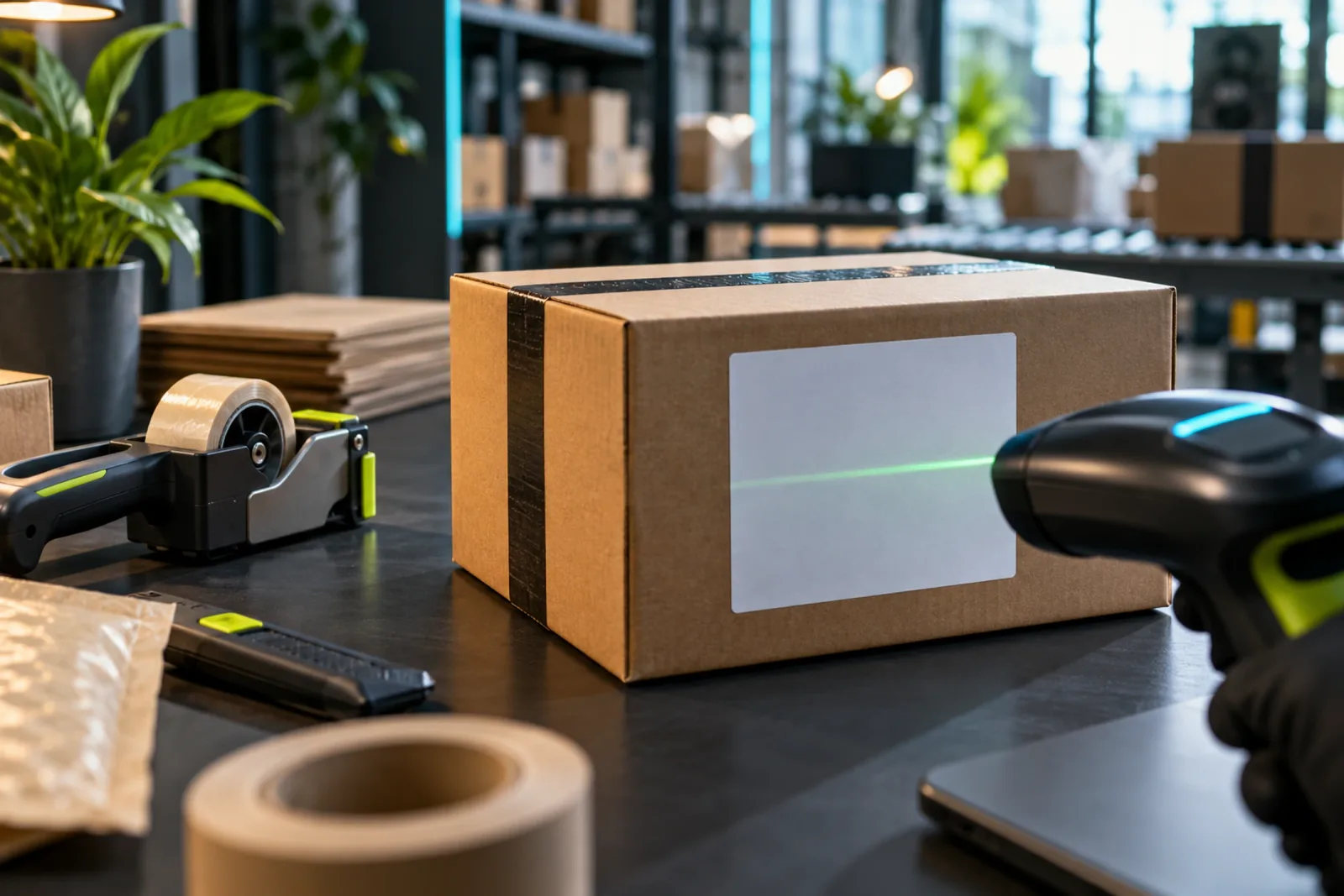 Versandkarton mit leerem Etikettenfeld und Barcodescanner auf einem Packtisch