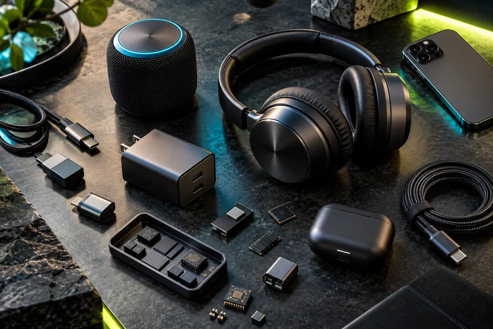 Kopfhörer, Lautsprecher, Ladegerät, Kabel und elektronische Bauteile auf dunklem Stein