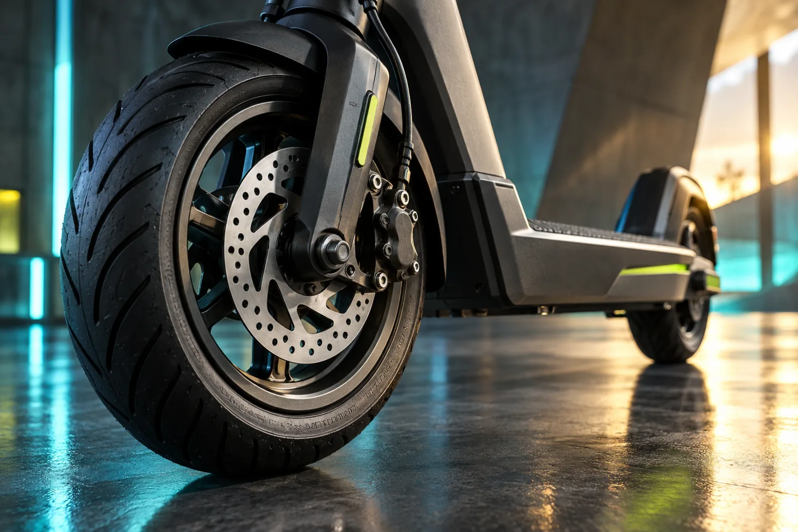 Vorderrad eines E-Scooters mit Scheibenbremse auf glänzendem Boden